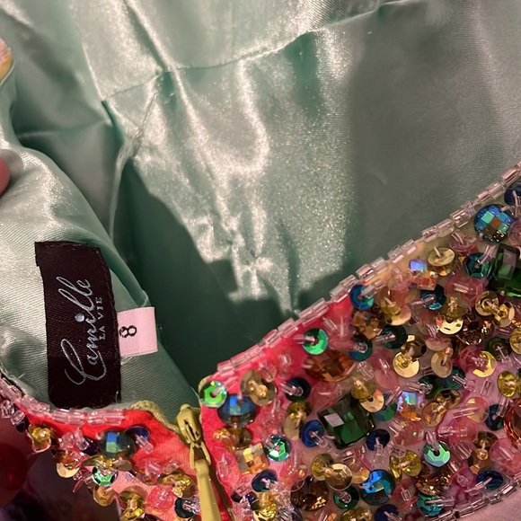 Camille La Vie Green and Pink Embellished Plunge Neck Prom Dress - Picture 2 of 7